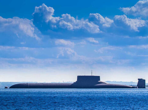 Submarine on the surface of the sea.