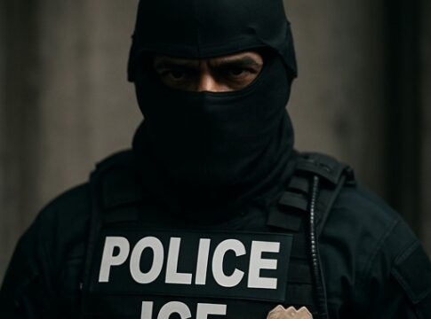 A police officer in tactical gear with a mask and badge